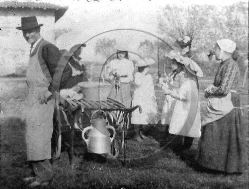 scène  a la campagne petites filles en robes et chapeaux charrette pot de lait, pas de néga photo en album divers.jpg